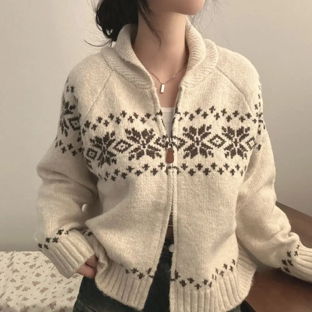 New Autumn Winter Women Fashion Elegant Knitwear Long Sleeve Sweater Fall Korean Style Casual Knitted Top Zipper Lapel Jacket