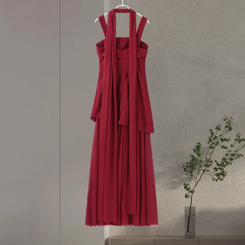 Fashion Ribbon Halter Party Dress Women's Patchwork Sleeveless Square Collar Solid Slim Dresses 2026 Spring New Lady Robes