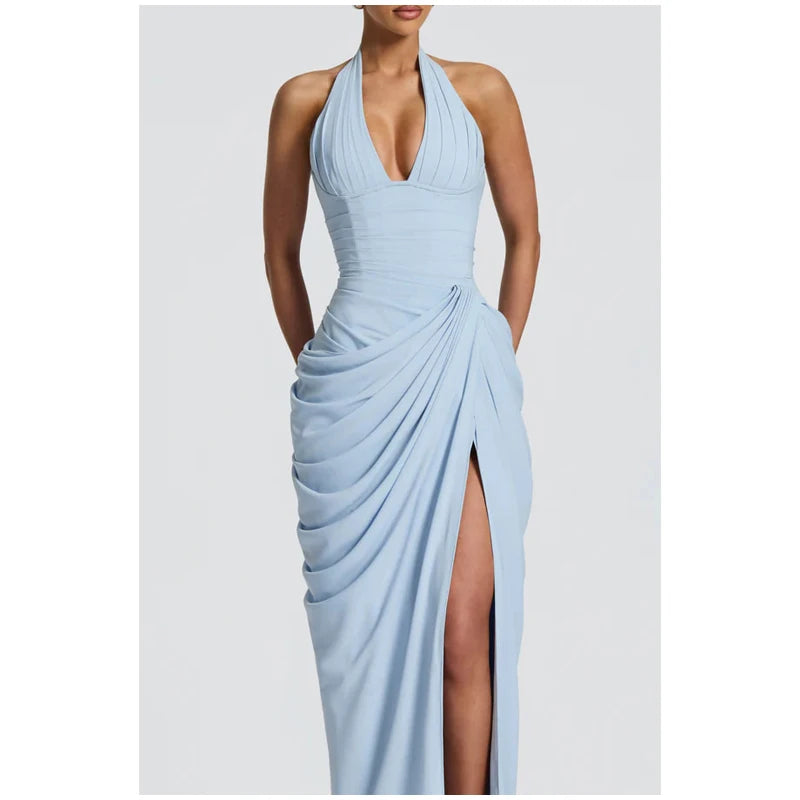 Solid Satin Cowl Neck Women's Dress Elegant Sleeveless Ruched Waist Fishtail Bodycon Lady Vestido 2026 Summer Party Dresses