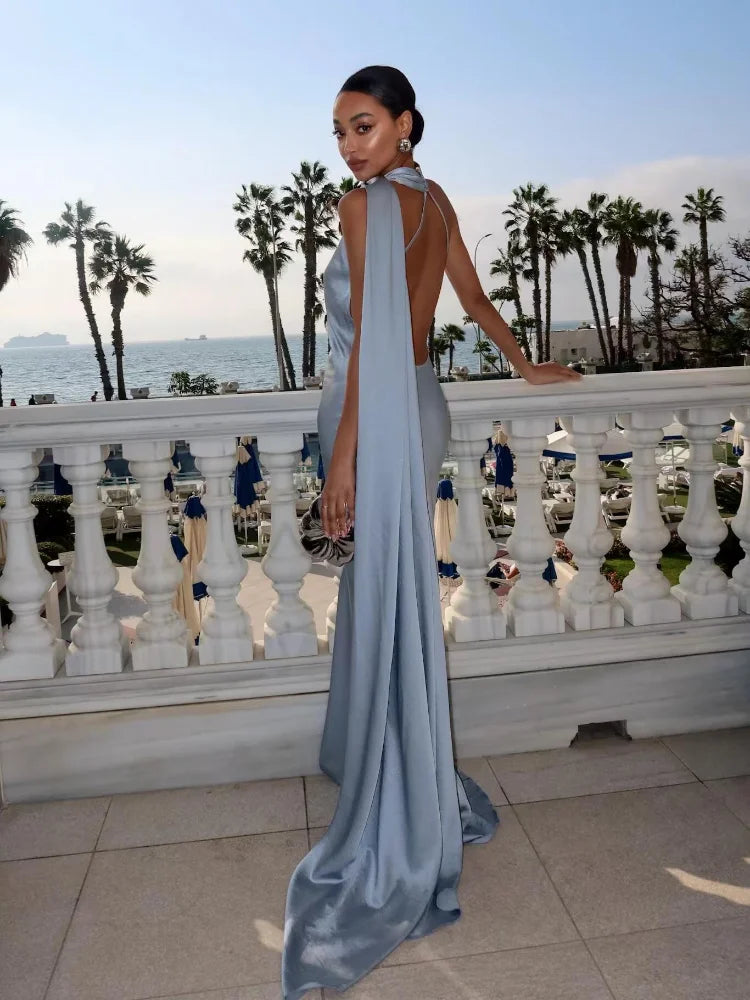 Backless Satin Long Sling Dress Women V Neck Sleeveless Slit Solid Sexy Party Dresses 2026 Summer Lady Vacation Evening Robes