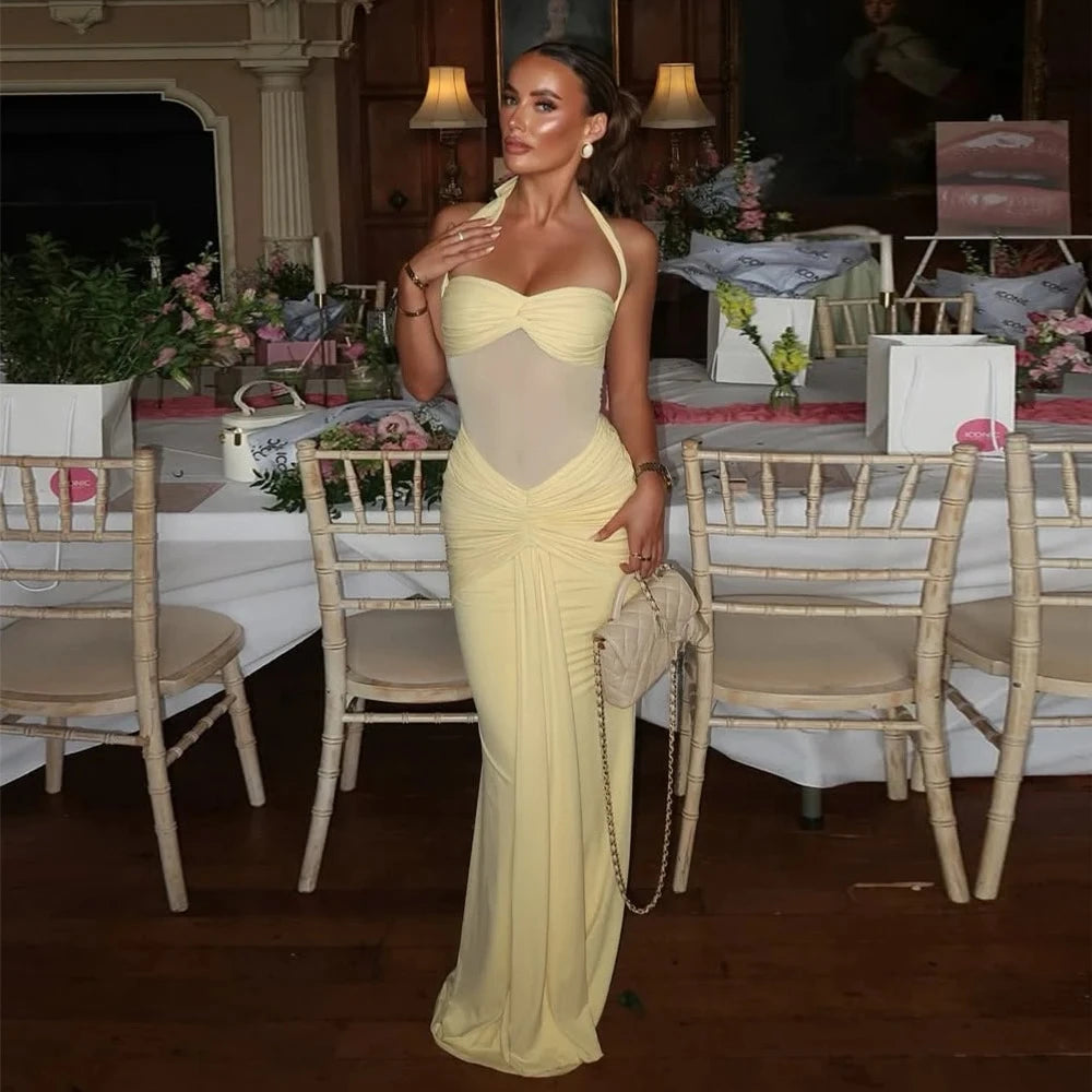 Suninheart Draped Maxi Evening Dress Women Elegant Halter Prom Dresses Wine Formal Occasions Backless Dress Sexy