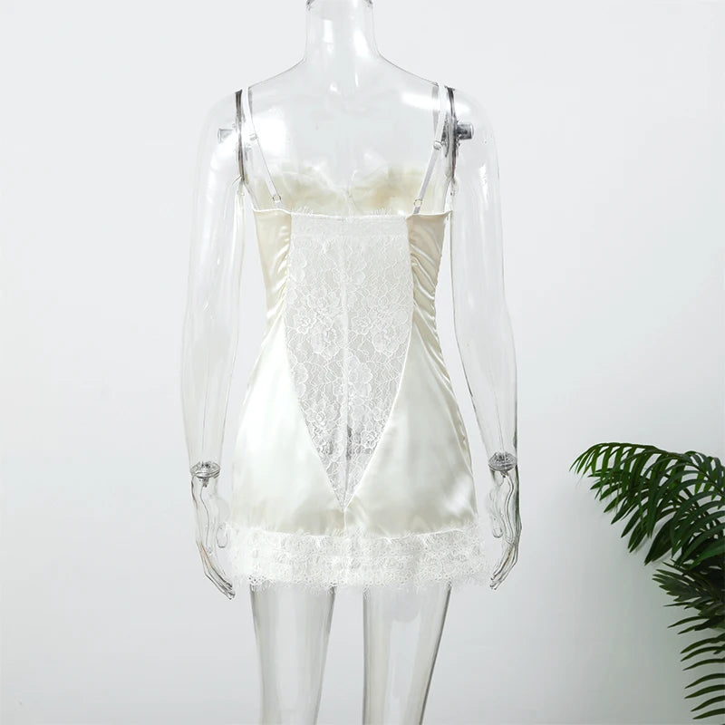 Solid Satin Lace Corset Mini Dress Women Sexy Spaghetti Strap Sheer Panel Slim Fit Short Dresses 2026 Trendy Lady Night Out Wear