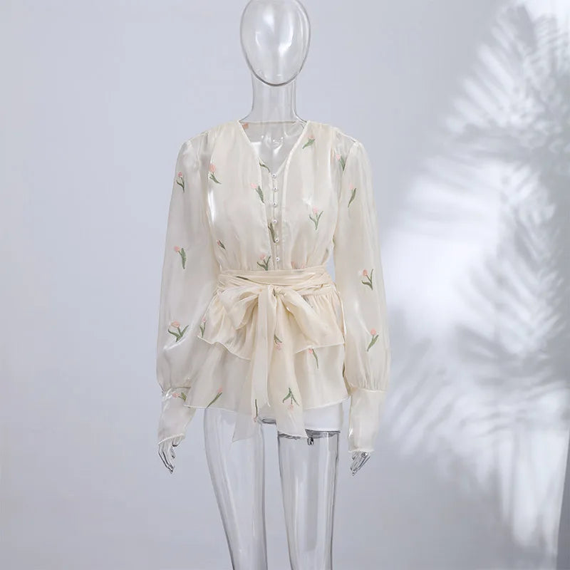 Elegant Printed Women's Dress Long Sleeve V-Neck Ruffle Waist-Closed Lady Mini Dresses 2026 Summer Female Vacation Robe New