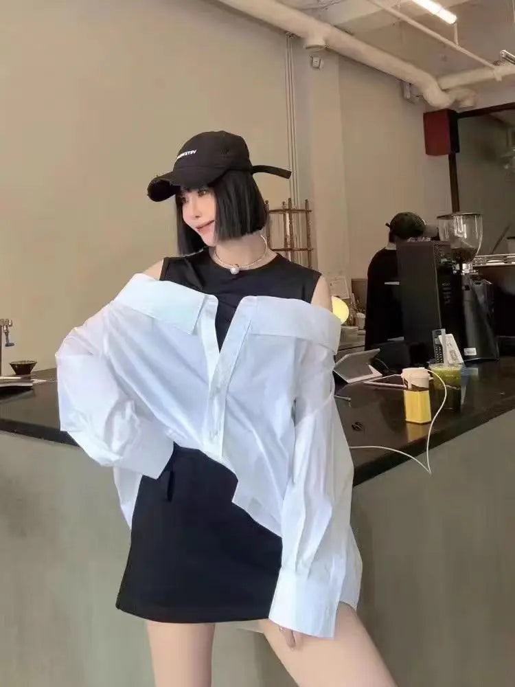 False Two Piece Polo Collar Blouse Women Shirt Loose Tank Patchwork Long Sleeve Shirts Off The Shoulder Spring Pullovers Top New