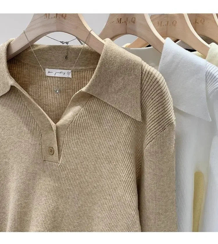 Polo Collar Knit Sweater Women Pullovers Casual Button Front Long Sleeve Rib-knit Jumper Chic Knitwear Trend Autumn Winter Tops