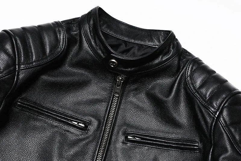 Classical Motorcycle Genuine  Leather Jacket Men's Natural Cowhide Slim Moto Cloth Calf Skin Jackets Asia Size S-6XL