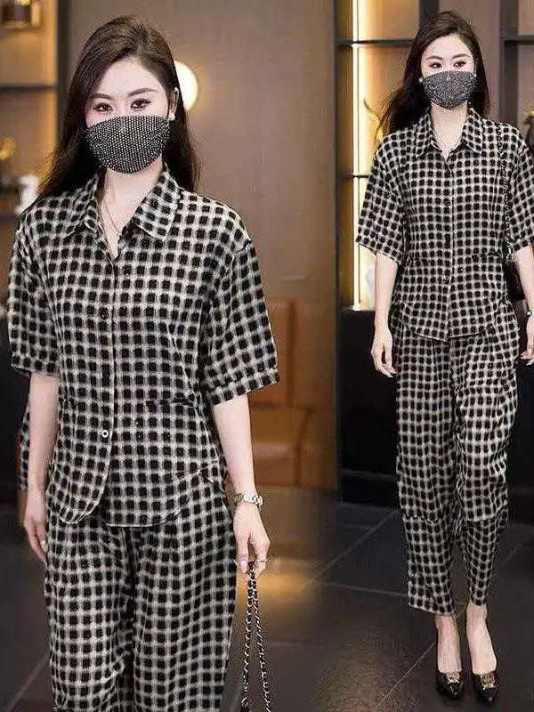 plus Size Casual Plaid Short Sleeve Women's Set Summer New Fashion Loose Shirt Two Piece Set High Waist Long Pants
