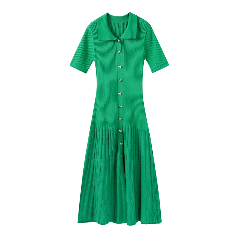 Elegant Solid Knitted Long Dress For Women Fashion O Neck Short Sleeve Single Breasted Female Robes 2024 Autumn New Lady Dresses