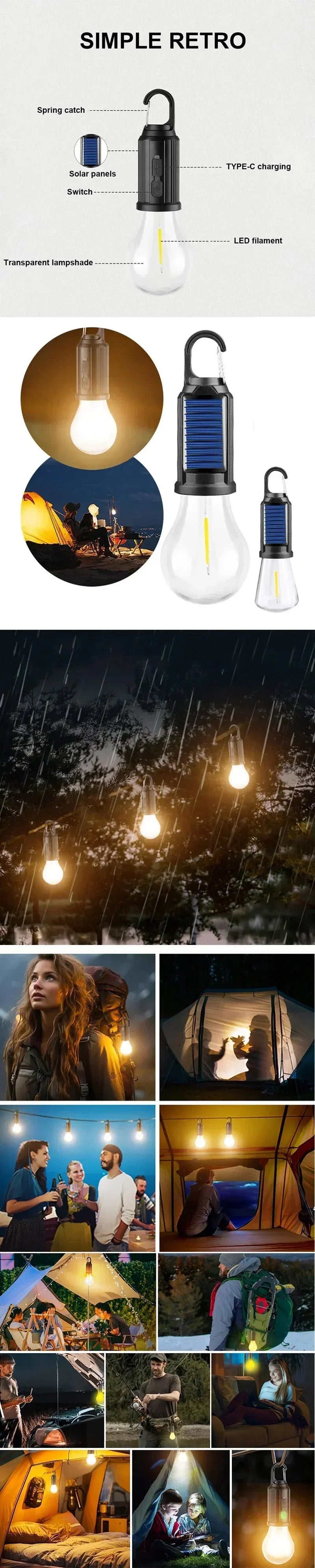LED Lamp Bulbs Portable Camping Lights Outdoor USB Charging Night Lights Waterproof Flashlight Essentials Emergency Lighting