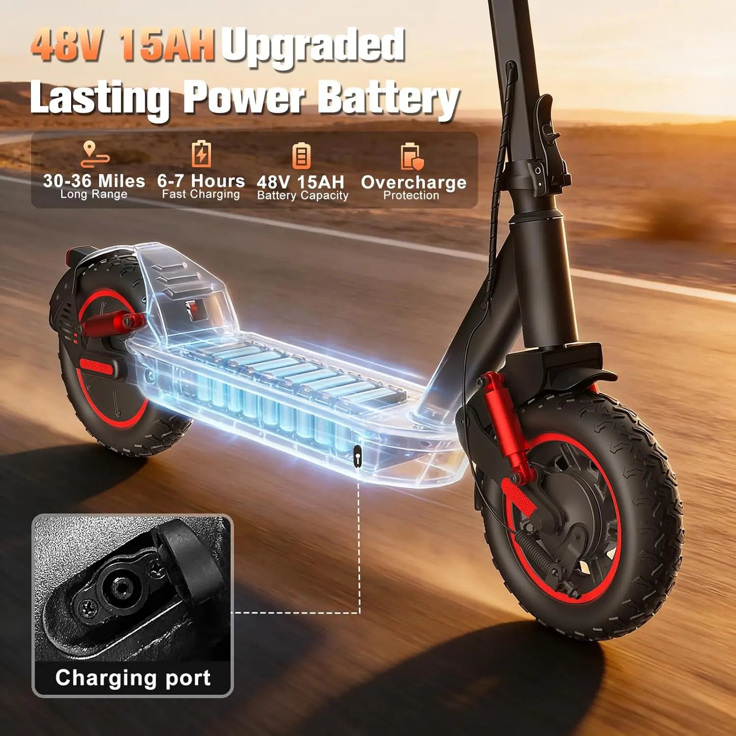 1200W Off-Road Electric Scooter for Adults 48V Long Range 30mph Fast Speed 10'' Pneumatic Tire Foldable Dual Suspensions Scooter