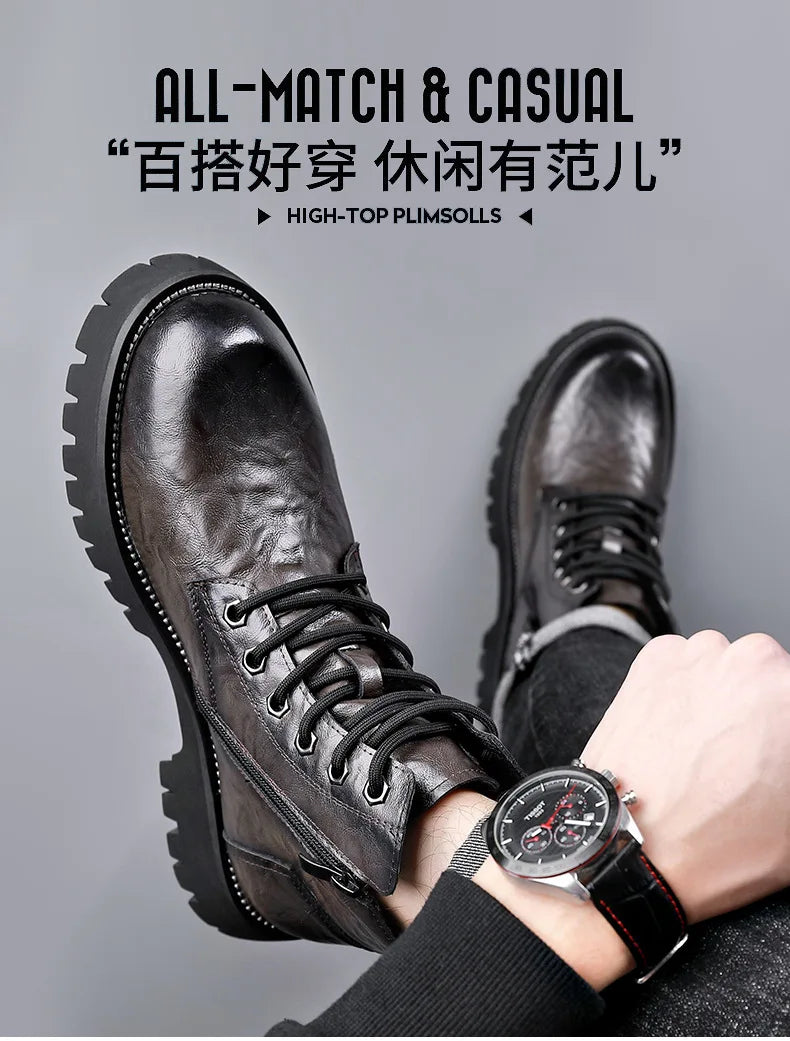 2025 autumn and winter boots men's British style versatile high top leather shoes workwear snow leather boots men's short boots
