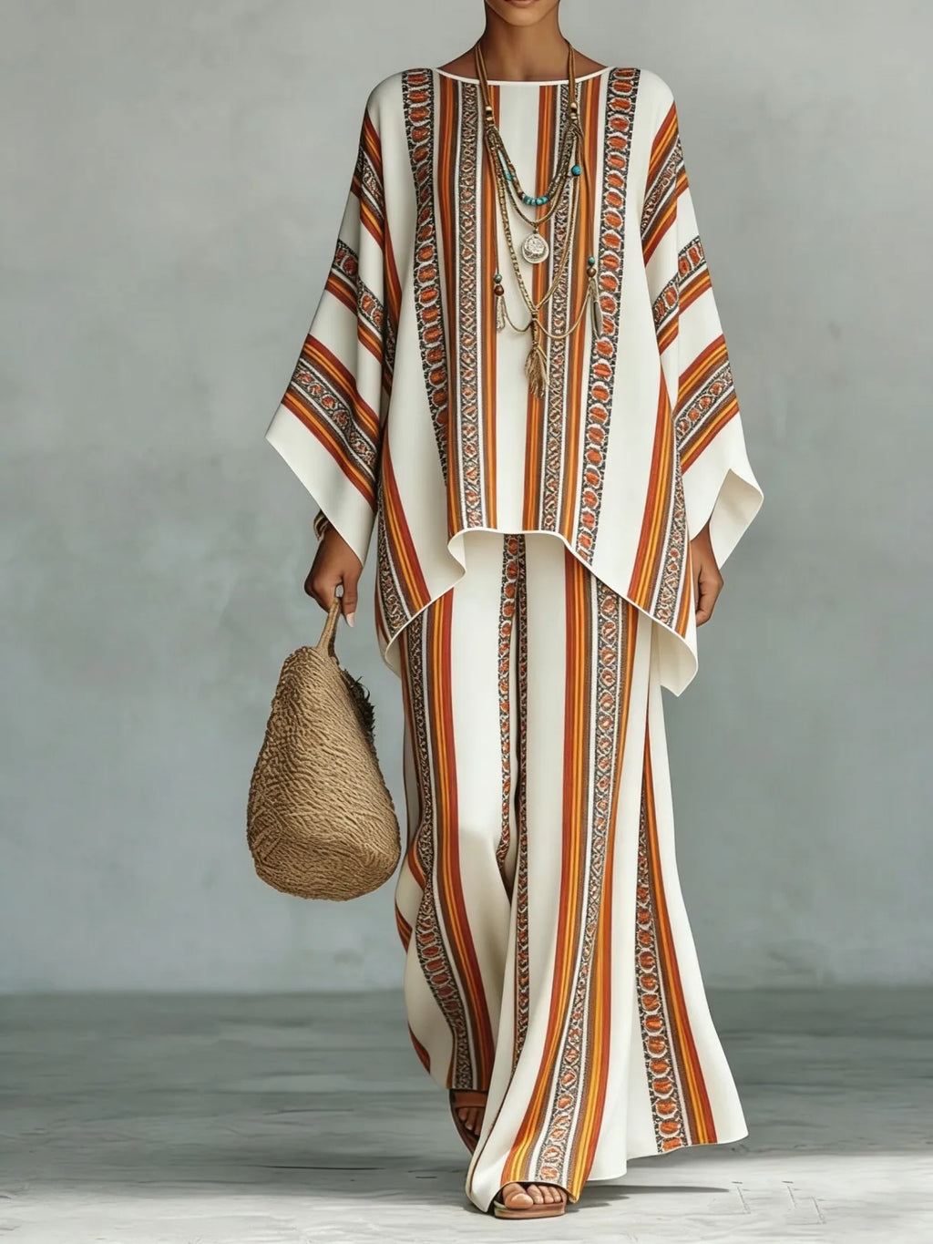 Bohemian Foreign Style Printed Women's Two-piece Set Spring Fashion O-neck Loose Top+wide Leg Pants Suit Ladies Office Outfit