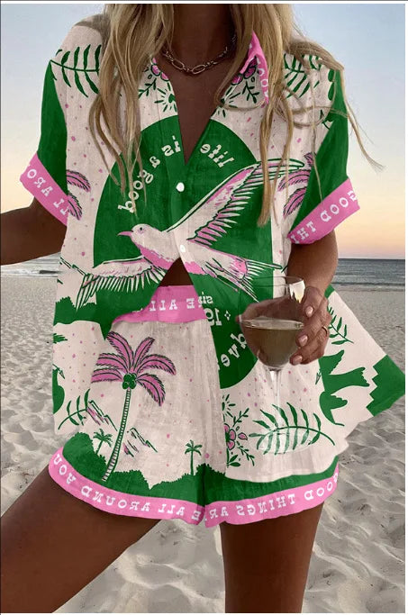 Fashion Print Beach Holiday 2 Piece Set Women Summer Short Sleeve Shirt Top Wide Legs Shorts Women's Oversize Two Piece Outfit