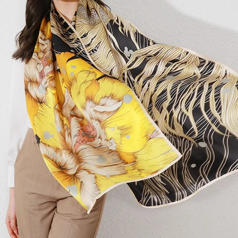 Birdtree, 9MM 100%Real Silk Scarf Shawl, Thin Plum Bossom Summer Beach Shawls Scarfs, Fall Winter Neck Head P36714QM