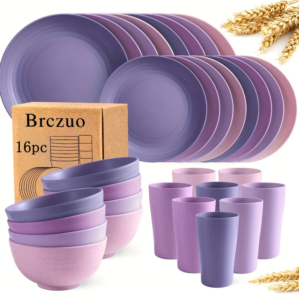 16Kitchen Set Made from Plastic Wheat Straw, Suitable for 4/8 People, Includes Plates, Dessert Plates, Cereal Bowls,