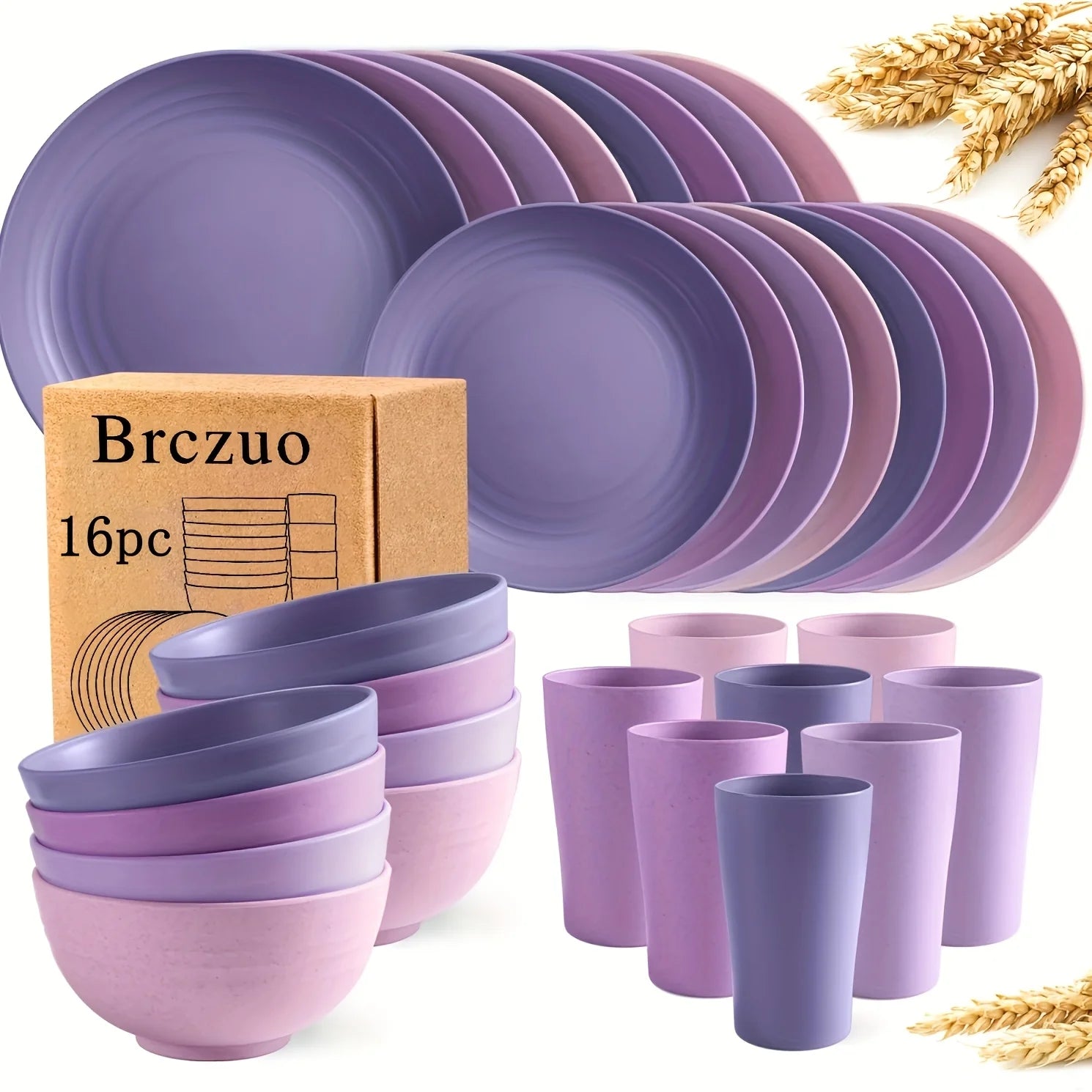 16Kitchen Set Made from Plastic Wheat Straw, Suitable for 4/8 People, Includes Plates, Dessert Plates, Cereal Bowls,