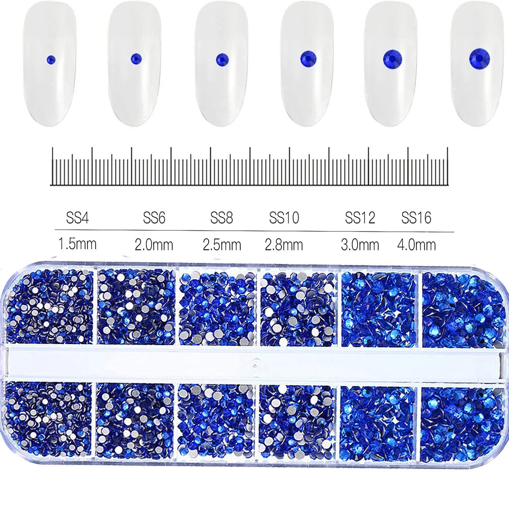 12Grid/1500PCS Shiny Crystal Nail Art Rhinestones SS4-16 Silver 3D Flatback Semicircler Nail Charms Gemstones for DIY Decoration