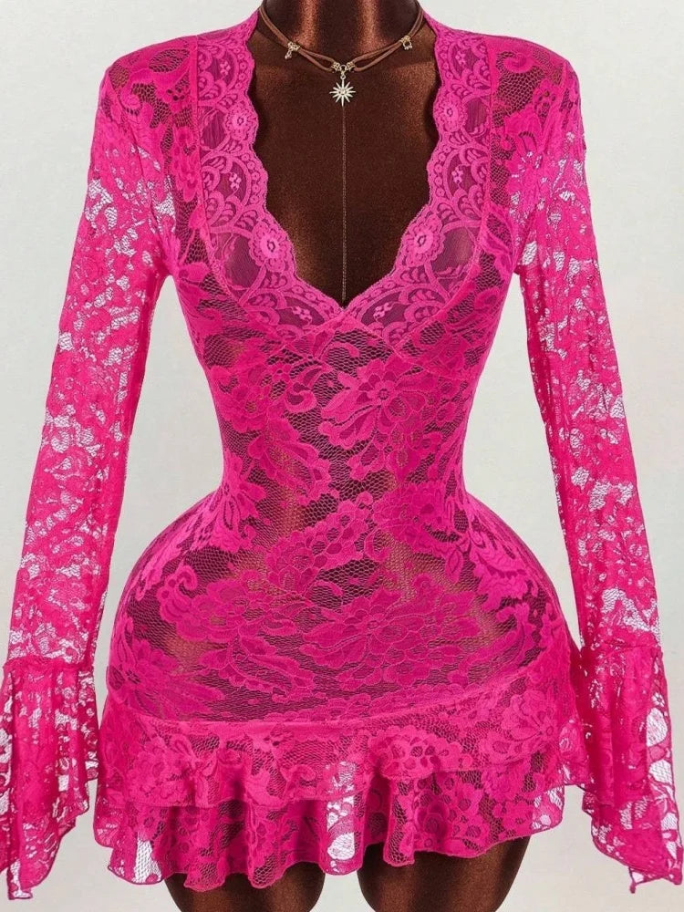 Wmstar Dresses for Women Wholesale Ruffled Lace V Neck Belted Short Dress See Through Design Suitable Beach Vacation 2026