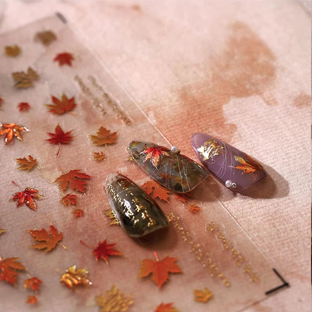 1pcs Autumn Gold Red Maple Leaf Nail Sticker 5D Embossed Jelly Maple Leaves Nail Decals Self-Adhesive Fall Leaf Nail Supplies ^5
