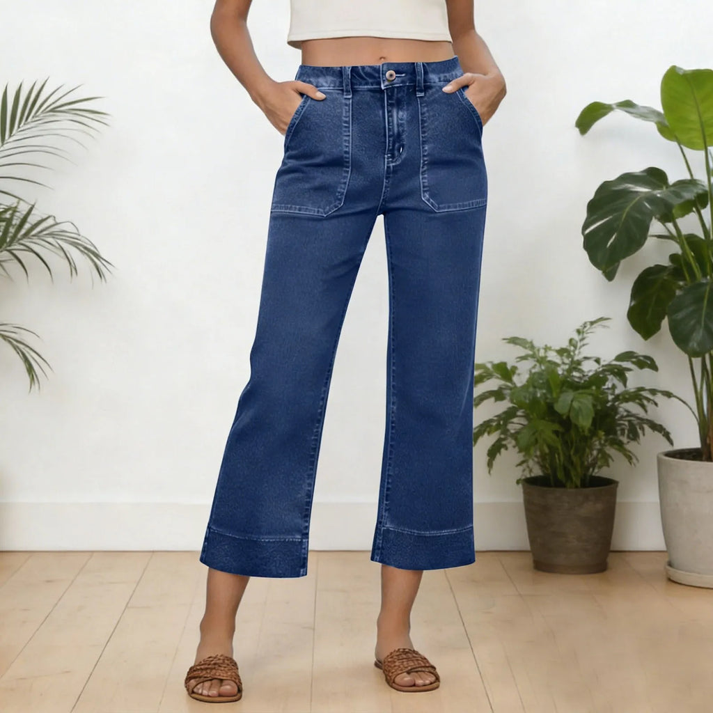 Wide Leg Jeans With Front Pockets For Women Cropped Micro Cut Pants High Waisted Patch Pocket Straight Leg Jeans Summer Pants