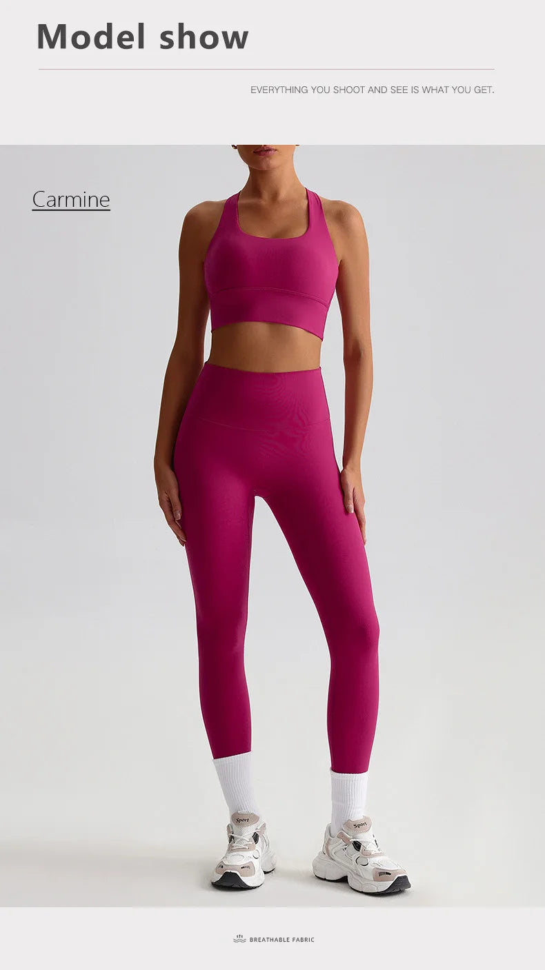 Naked Feel Yoga Set Women Fitness Sportswear 2 Piece Strappy Sports Bra High Waist Gym Leggings Workout Outfit Active Wear