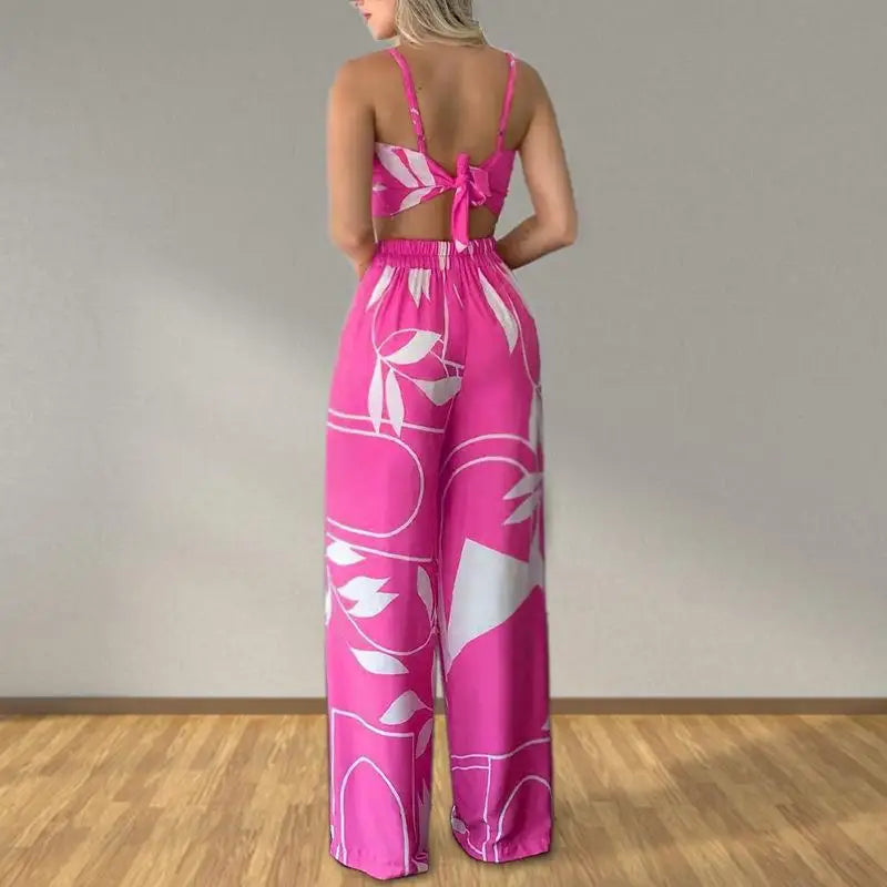 Elegant Two Piece Outfits For Women 2025 Sexy V-Neck Strap Backless Lace-up Slim Crop Top & Wide Leg Pants Sets Summer Lady Suit