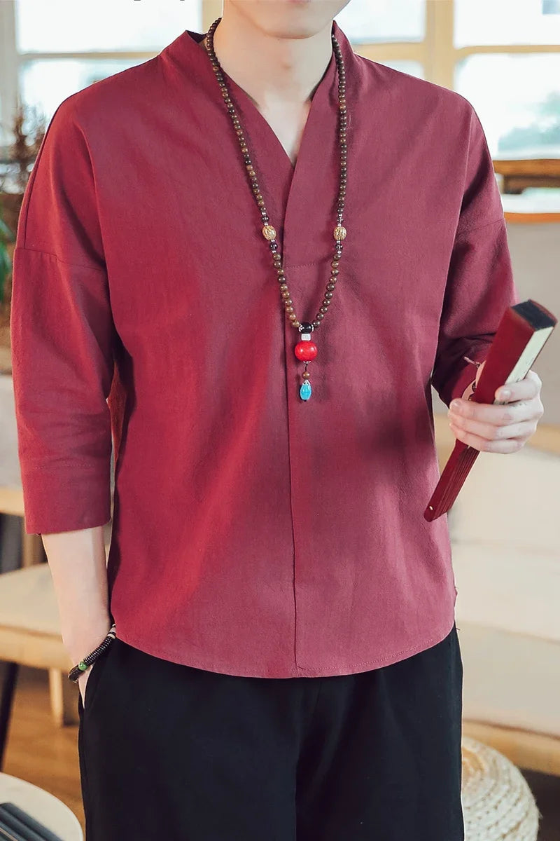 Summer Kimono Japanese Style Short Sleeve Men New Half-sleeved Cotton Linen Breathable Men Clothing T-shirt Japanese Yukata Tops