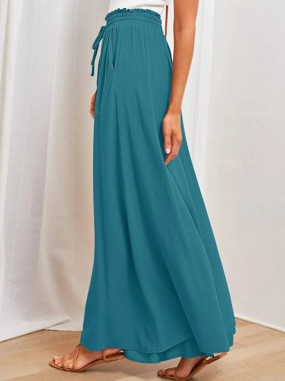 Women's Elastic Long Palazzo Pants Casual Urban Style Tie Detail Polyester Blend Woman Clothes Female Clothing Women's And