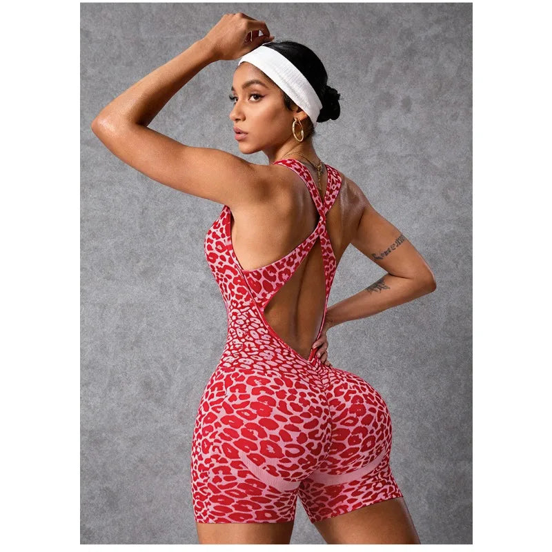 New Leopard Seamless Fitness Bodysuit Shorts Women Cross Strap High Stretch Yoga Jumpsuit Workout Fashion Butt Liftting Bodysuit
