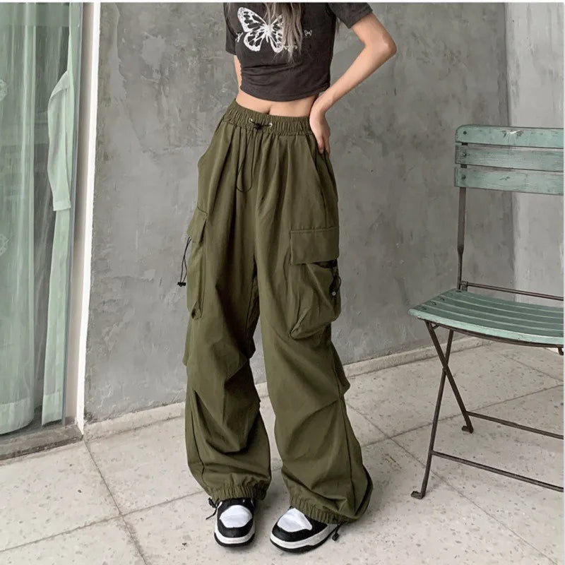 Women Streetwear Cargo Pants Elastic Waist Multi Pocket Loose Wide Leg Vintage Drawstring Casual Trousers