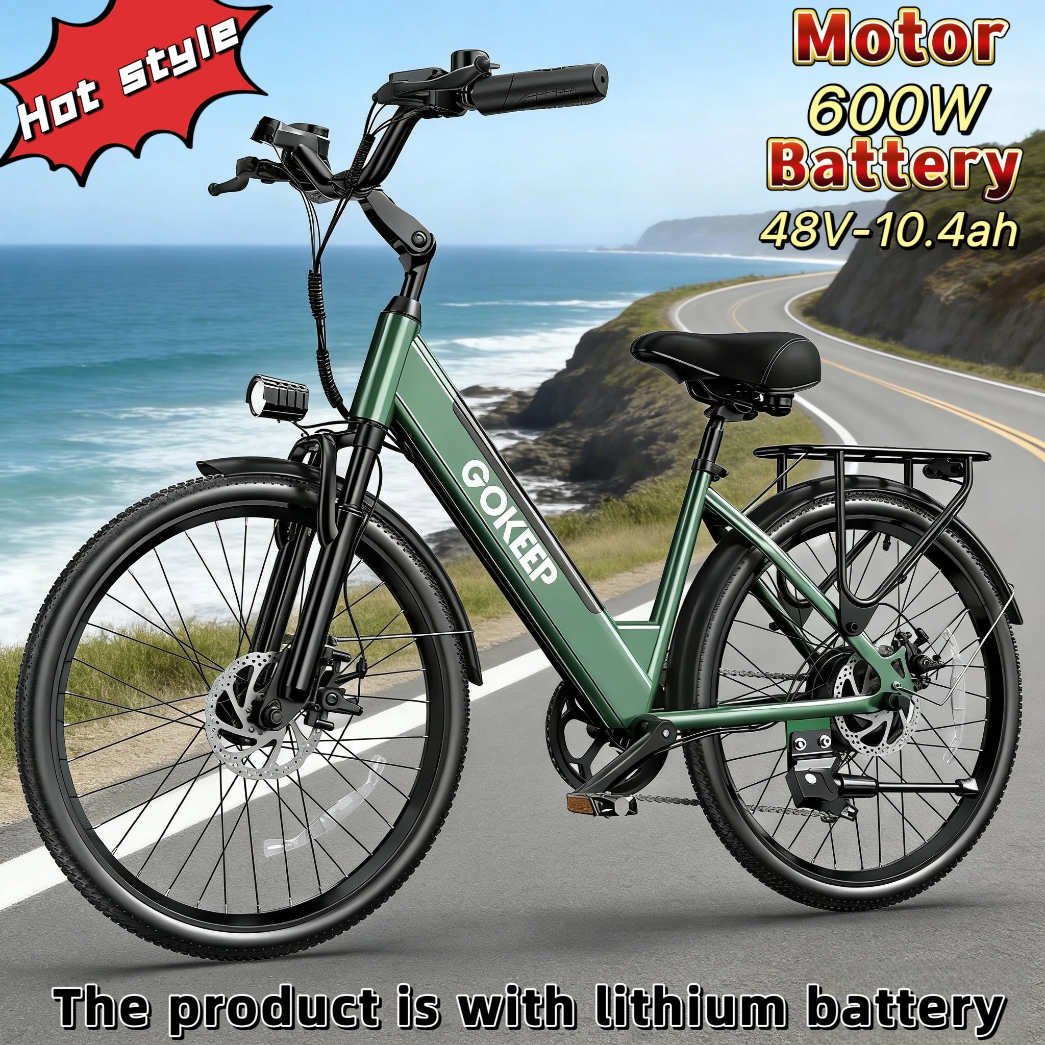 26-inch fashionable E-Bike, 600W brushless motor 48V-10.4ah lithium battery electric moped, adult electric bicycle
