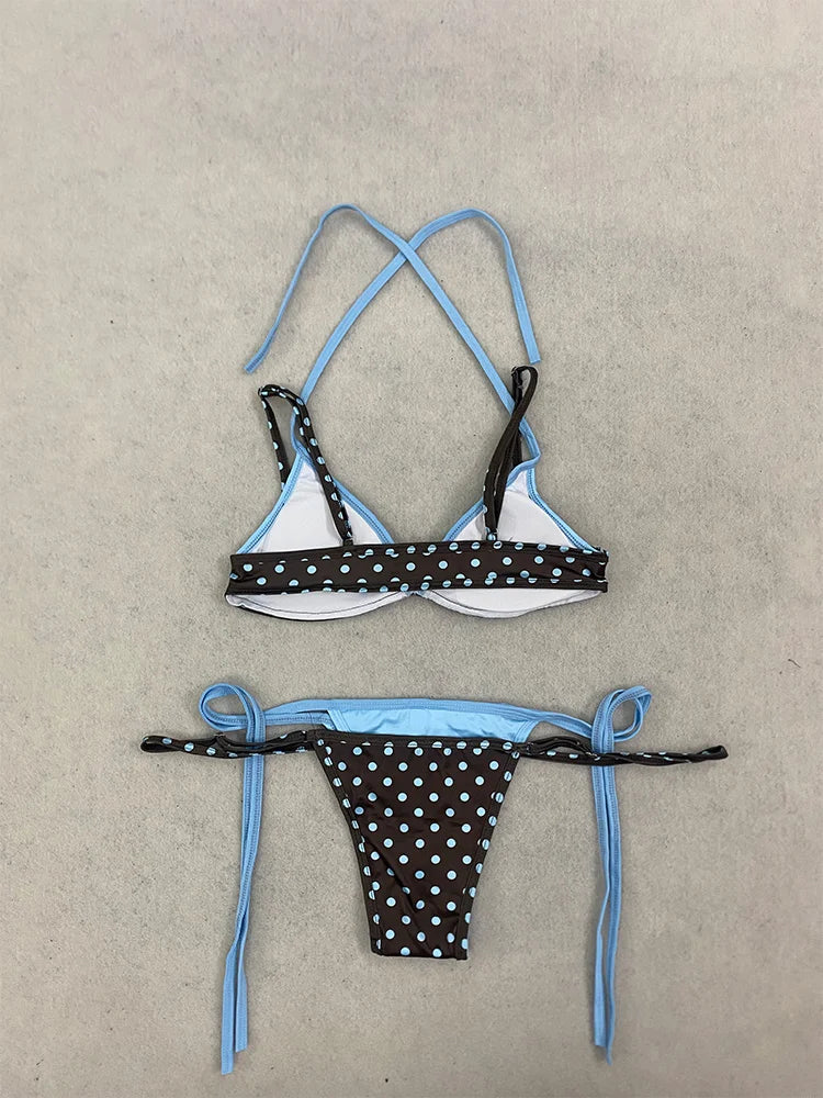 2026 Summer Polka Dot Bikini Set Women's Blue Contrasting sexy Spicy Girl Retro Polka Dot Vacation Swimsuit Lace up Split Swimsu