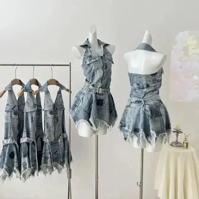 American Denim Waist-cinching Halter Neck Backless Sexy Casual Dress for Women, Distressed Retro Spliced Short Skirt