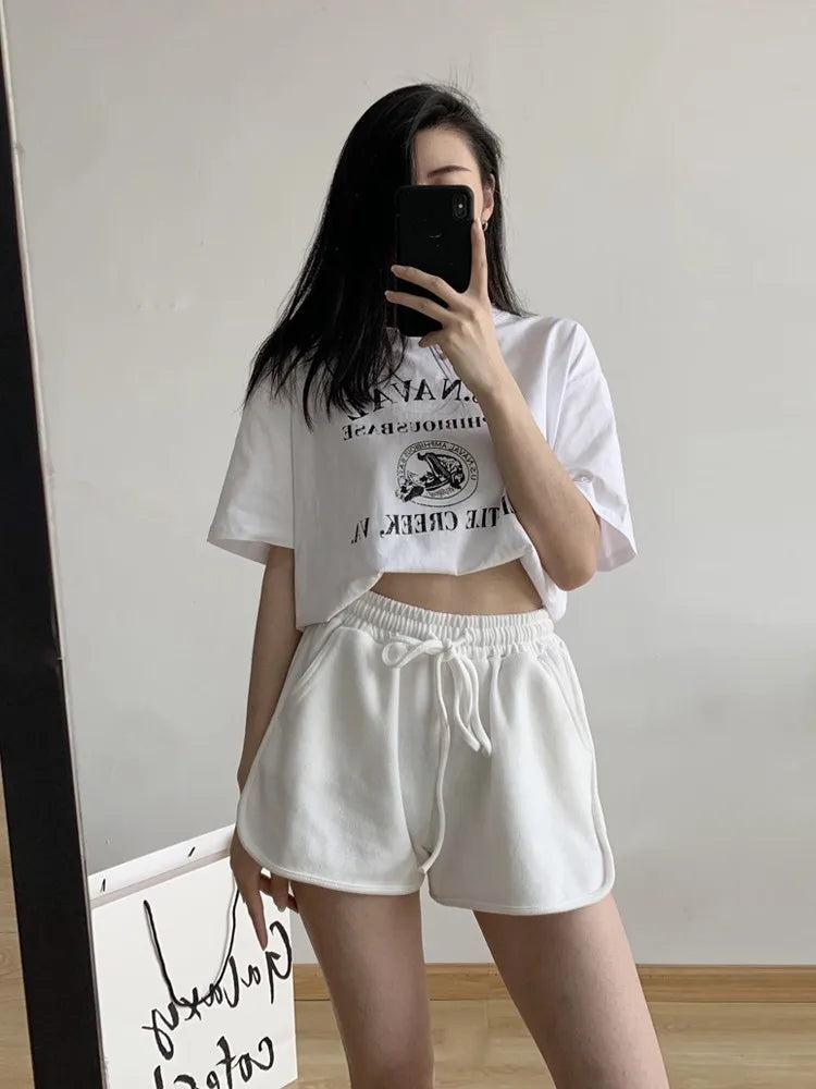 New2026 Women's Summer Casual Loose Drawstring Sports Shorts Elastic High Waist Fitness Running A-line Shorts Leisure Home Pants