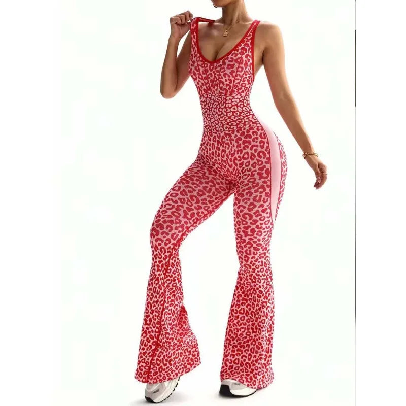 New Leopard Print Bodysuit Women Seamless Flared Pants Jumpsuits Sexy One-piece Fitness Suit Cross Back Stretchy Yoga Jumpsuits