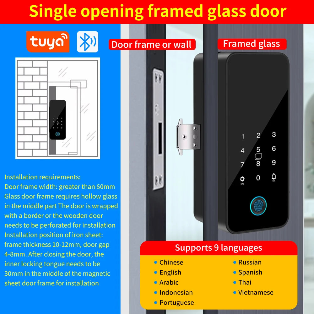Multifunctional Smart Glass Door Lock Electronic Digit Biometric Fingerprint Tuya App Key Electric Smart Life Digital Door Lock
