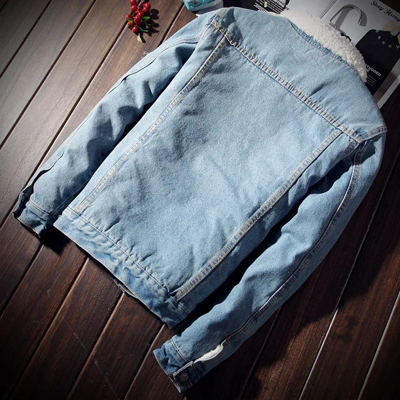 Winter Men's Denim Jacket 6XL Oversized Fur Coat Warm Thicken Highstreet Casual Cowboy Jacket Men Clothing Overcoat