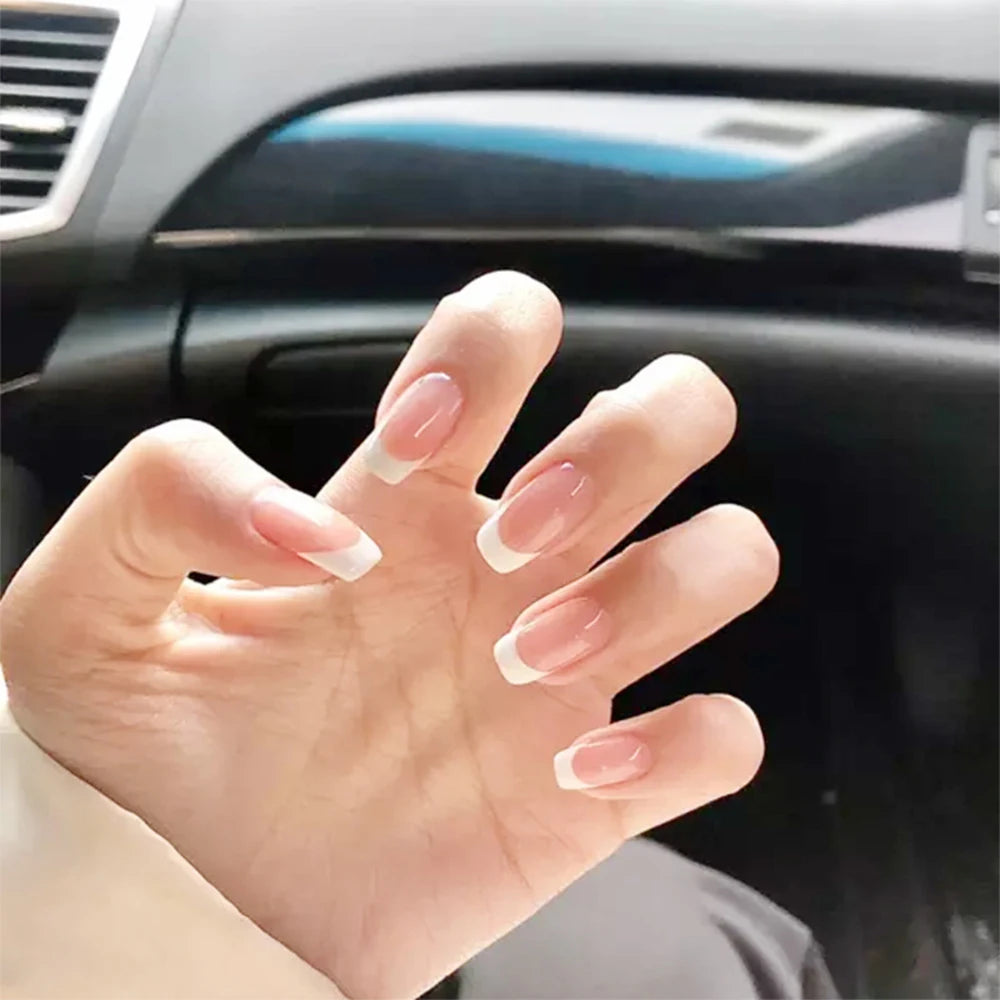 24Pcs/Set Blue Sky White Cloud Fake Nails Glue DIY Manicure Pattern Design False Nail French Stiletto Full Cover Nail Art Tools