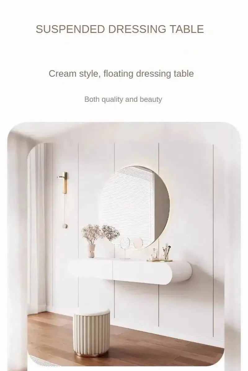 Cream Minimalist Wall Mounted Dressing Table with Mirror Suspended Vanity Desk for Bedroom Small Space Modern Makeup Table