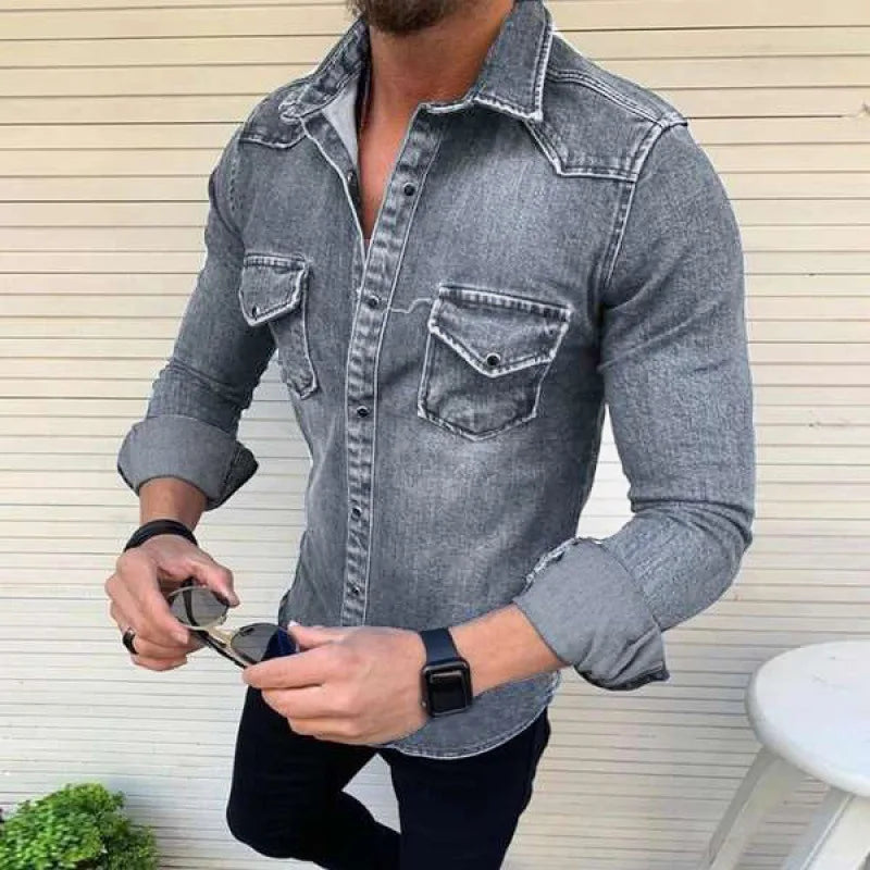 Denim Shirt Men Long Sleeve Washed Spring Summer Jean Tops