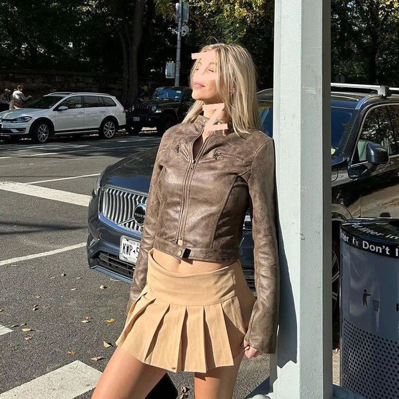 American Y2K Retro Distressed Brown Short Jacket 2026 Spring New Hot Girl Versatile Stand Collar PU Leather Jacket