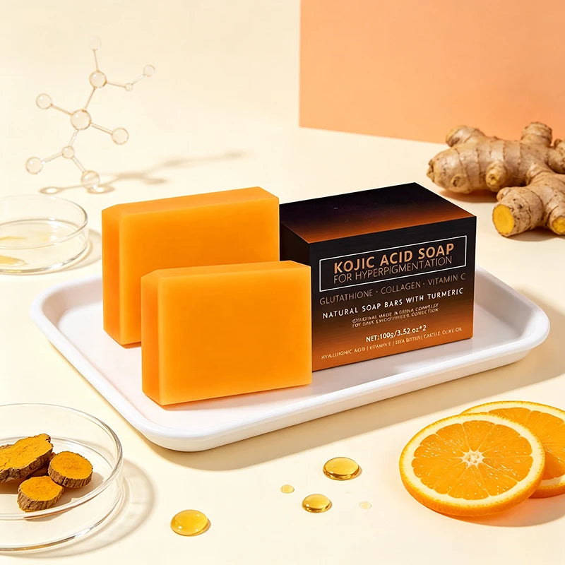 Kojic Acid Soap Turmeric Vitamin C Retinol Shea Butter Olive Oil Hyaluronic Acid Daily Facial Body Cleansing Natural Soap Bar