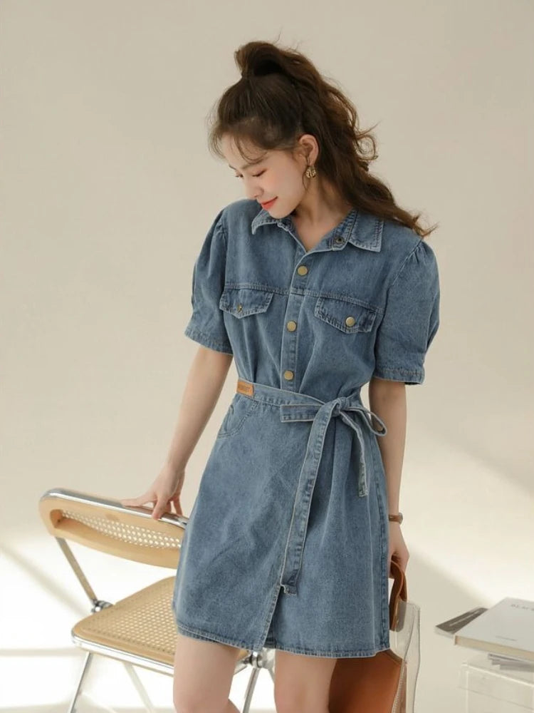 2026 Summer New Slimming Short Sleeve Midi Denim Dress Stylish Trendy Waist Cinching Women's Popular Wear