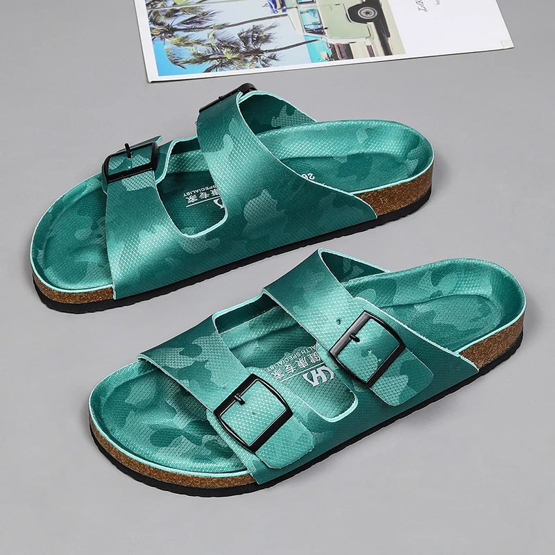 Summer Men Women Cork Slippers Clogs Microfiber Leather Slides Casual Slip On Sandal Double Buckle