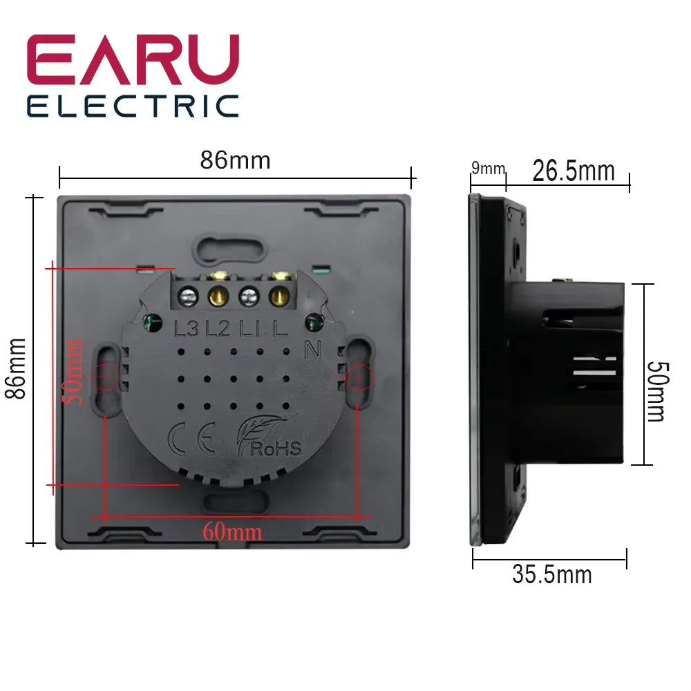 EU Standard Crystal Glass Panel Touch Light Switch | AC100-240V 10A | Wall LED Power Switch 1/2/3 Gang 1 Way White Black Golden