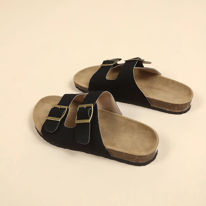 Women's Flat Outdoor Beach Casual Slippers Man Sliders Thick Sole Leather Cork Sole Sandals and Slippers