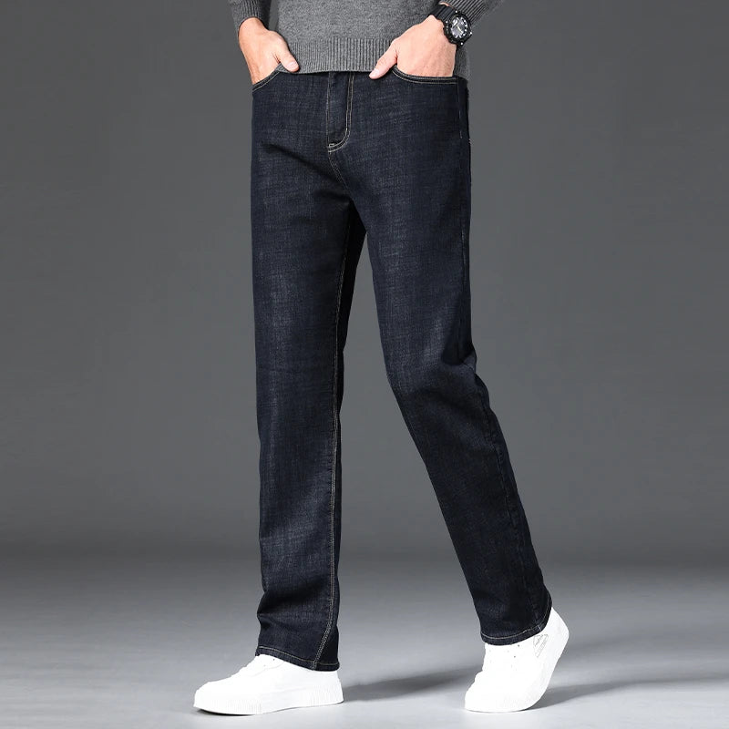 Men Winter Fleece Warm Jeans Brand 2024 Fashion Business Pants Retro Classic Denim Trousers Autumn Casual Stretch Slim Jeans Men