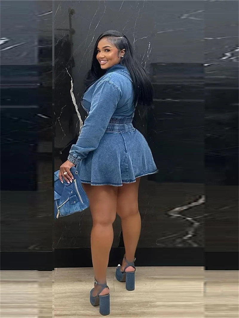 Streetwear Denim 2 Piece Sets Women Outfit Spring Clothing Women Full Sleeve Hooded Crop Top Pleated Skirt Sets Jean Dress Sets