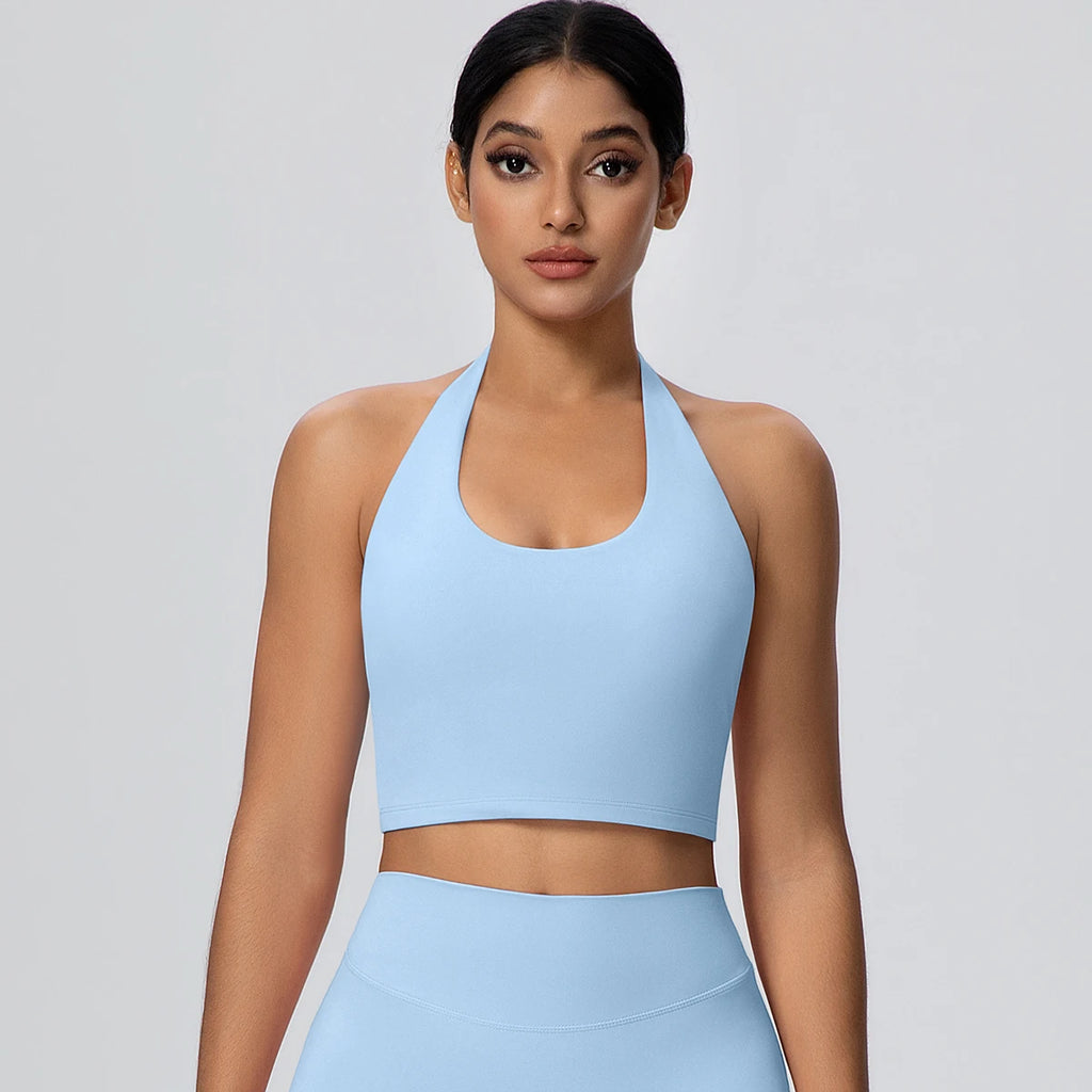 Woman Solid Color Sexy Neck Strap Bra Yoga Underwear With Chest Pad Backless Gather Shockproof Gym Workout Top Sports Yoga Bra
