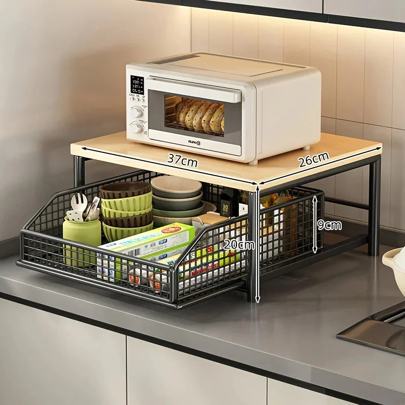 Microwave Oven Rack, 2-Tier Kitchen Countertop Storage Organizer, Solid Wood & Metal Shelf for Appliances, Spices & Tableware